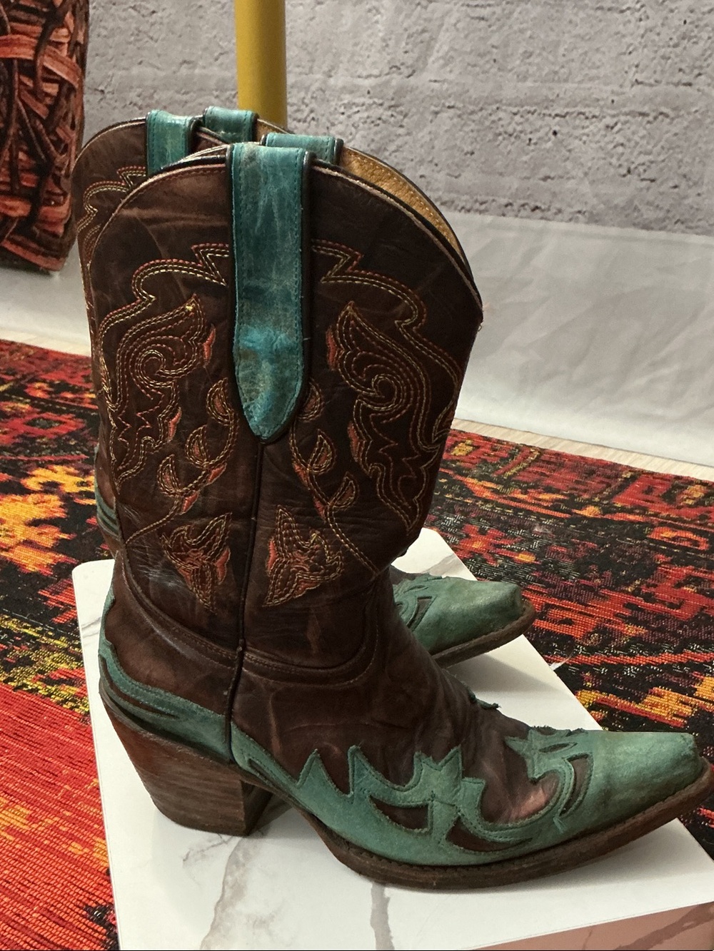 Women's vintage Brown Leather Heeled Western Boots with Turquoise Accents